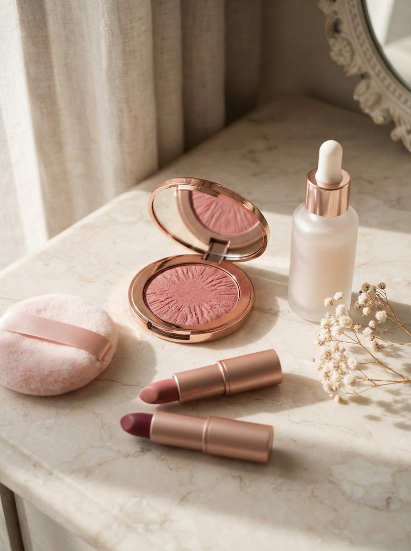 Blush compact, lipsticks and a serum dropper on a marble vanity